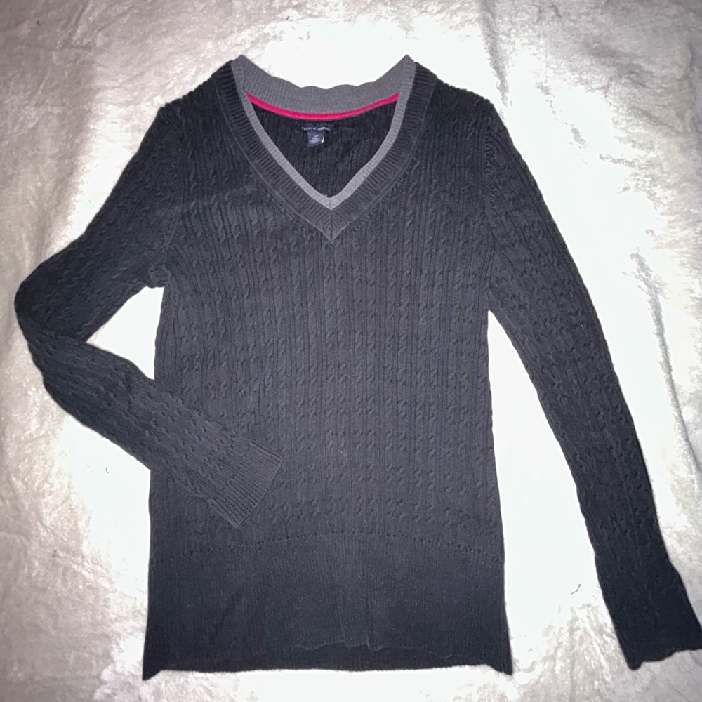 Tommy Hilfiger Black and Gray V-Neck Sweater